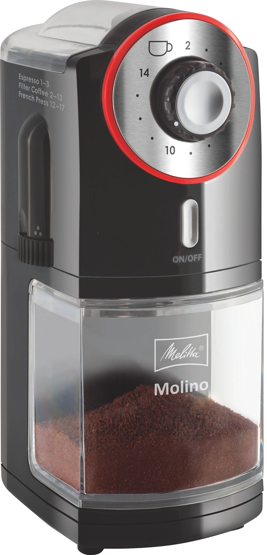 Kaffeemühle mit Einstellungen für Espresso, Filterkaffee und French Press, mit Melitta-Logo.