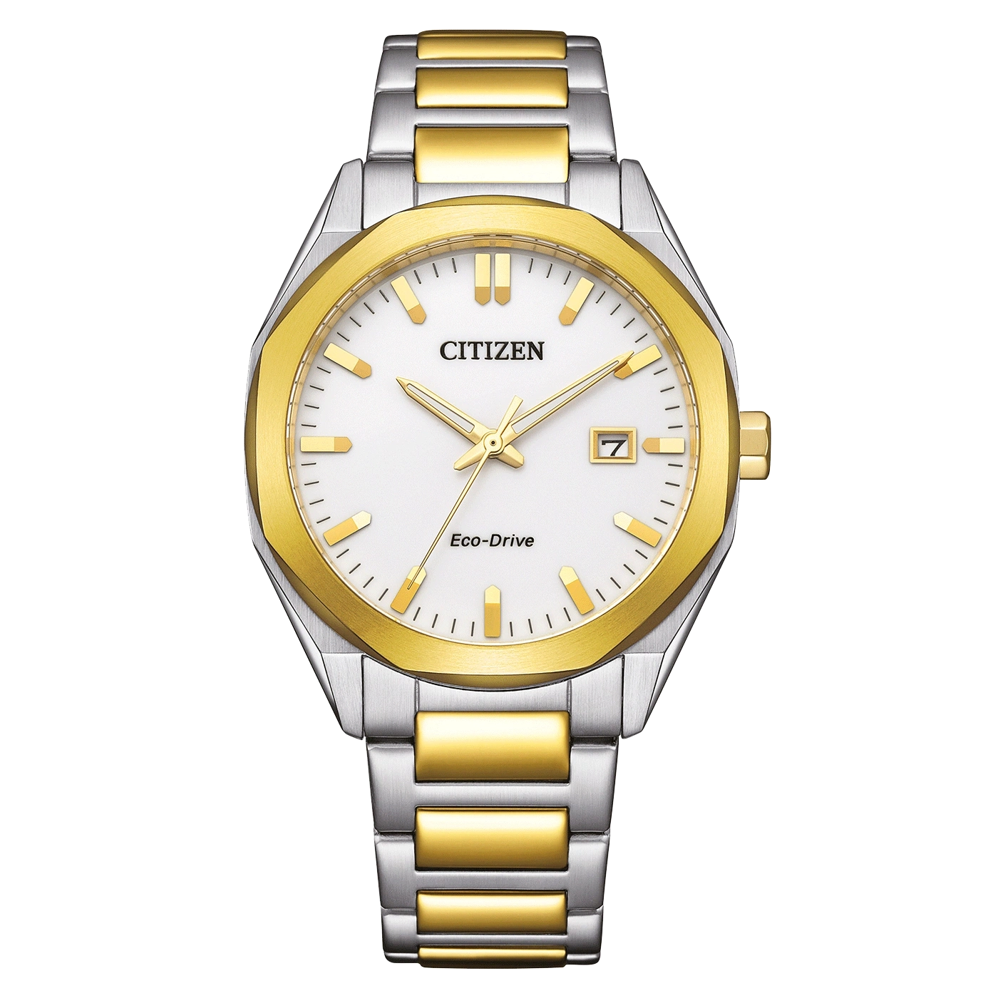 Citizen Uhr, goldfarbenes Zifferblatt, silbernes Armband, Eco-Drive, Datum