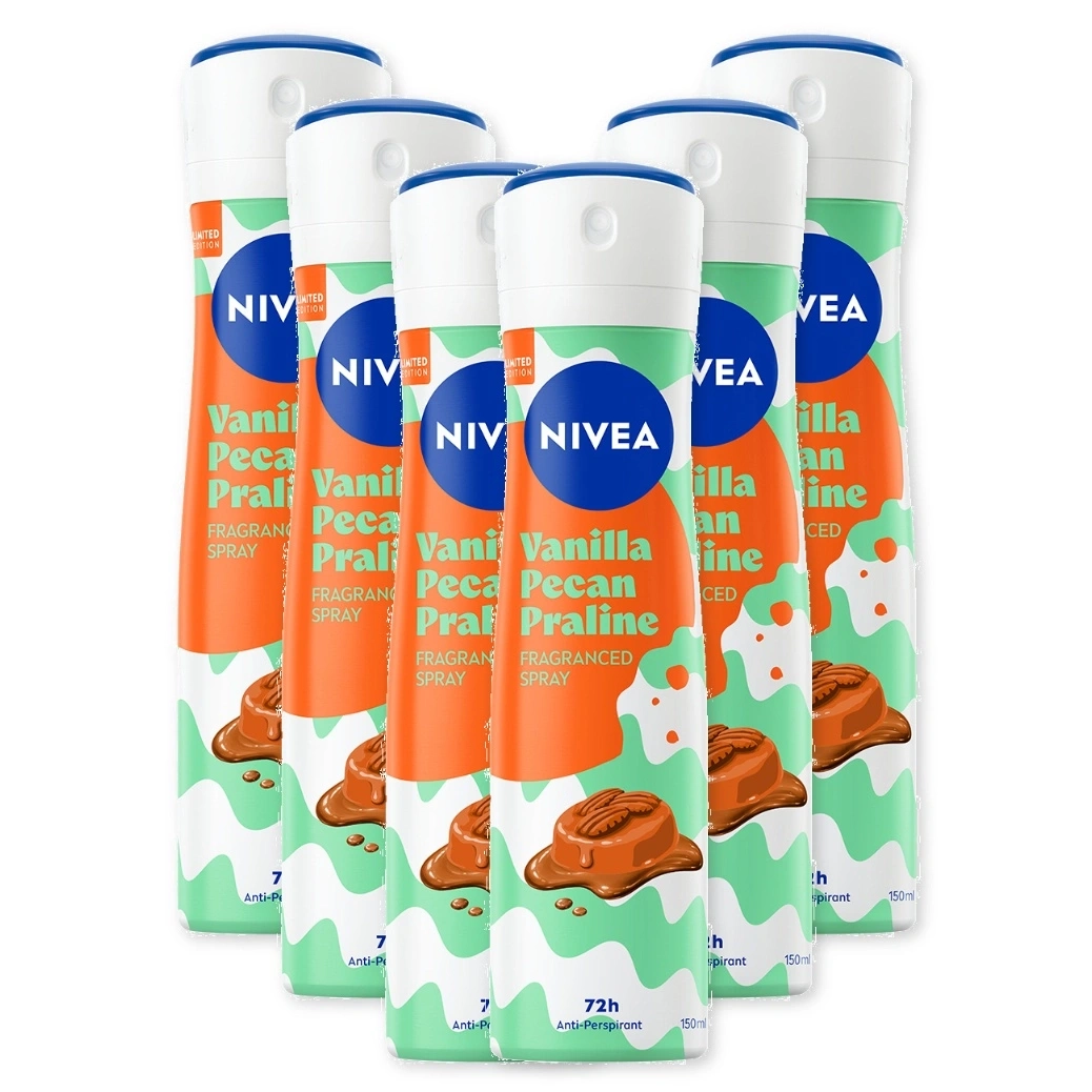 Sechs Nivea Vanilla Pecan Praline Duftspray-Flaschen, auf weißem Hintergrund.