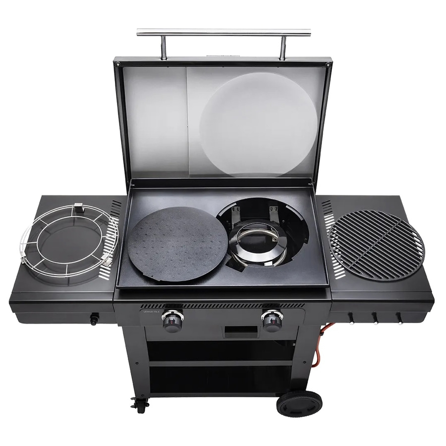 Schwarzer Grill mit offenem Deckel und Kochplatten, von oben gesehen.
