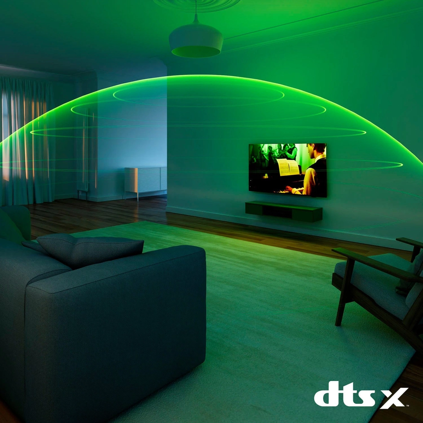 Ein Wohnzimmer mit einem Fernseher, der ein Konzert zeigt, und einem grünen Lichtbogen darüber.