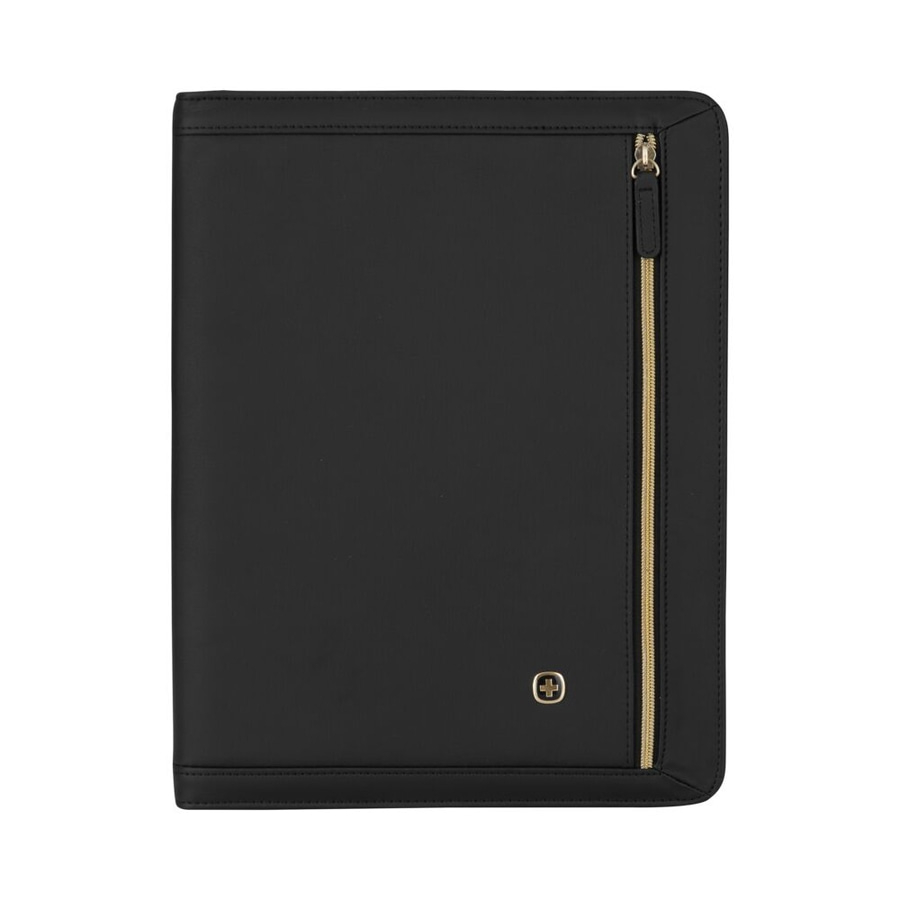 Schwarze Aktenmappe mit goldenem Reißverschluss und Logo, Leder