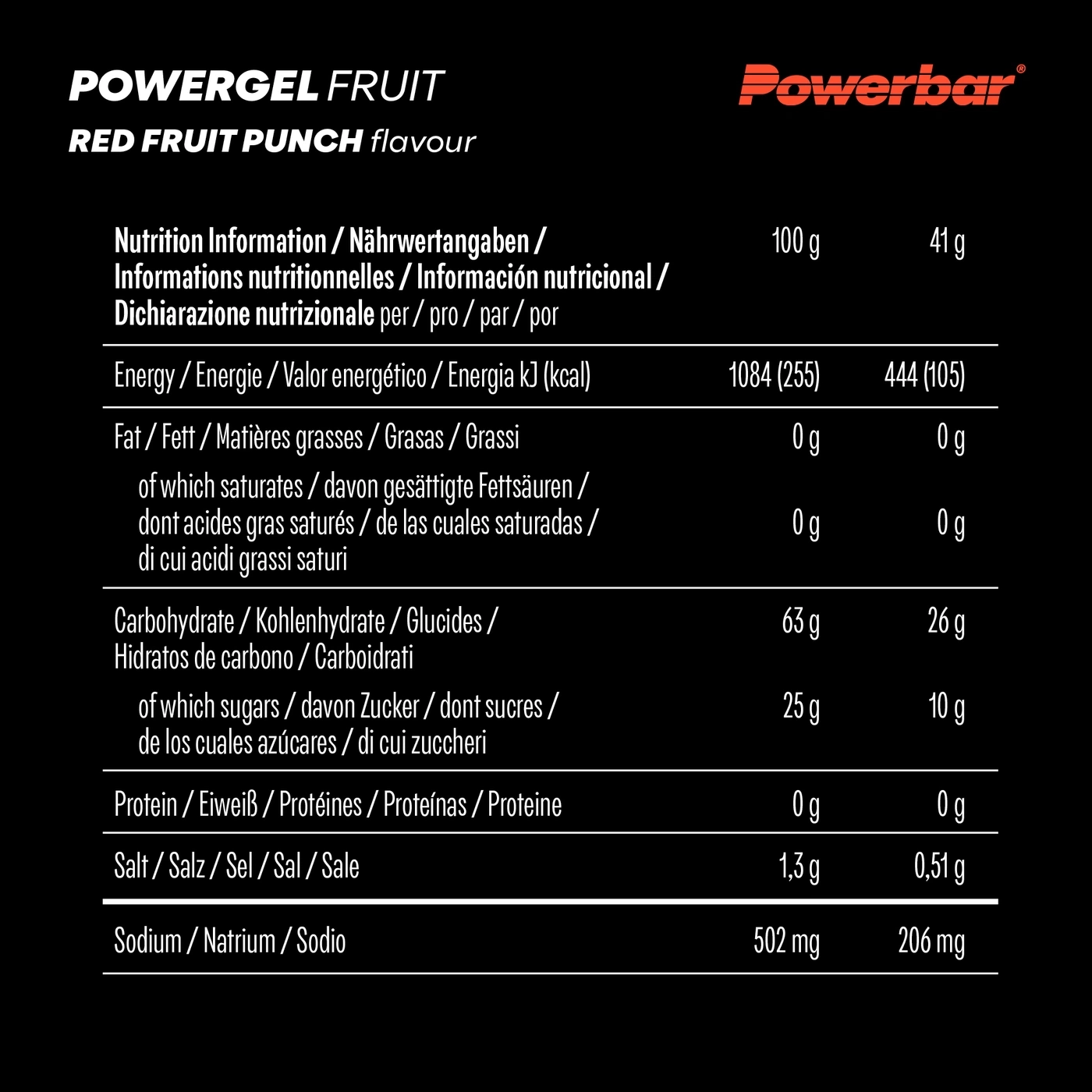 Nährwertangaben für Powergel Fruit Red Fruit Punch von Powerbar pro 100g und pro Portion.