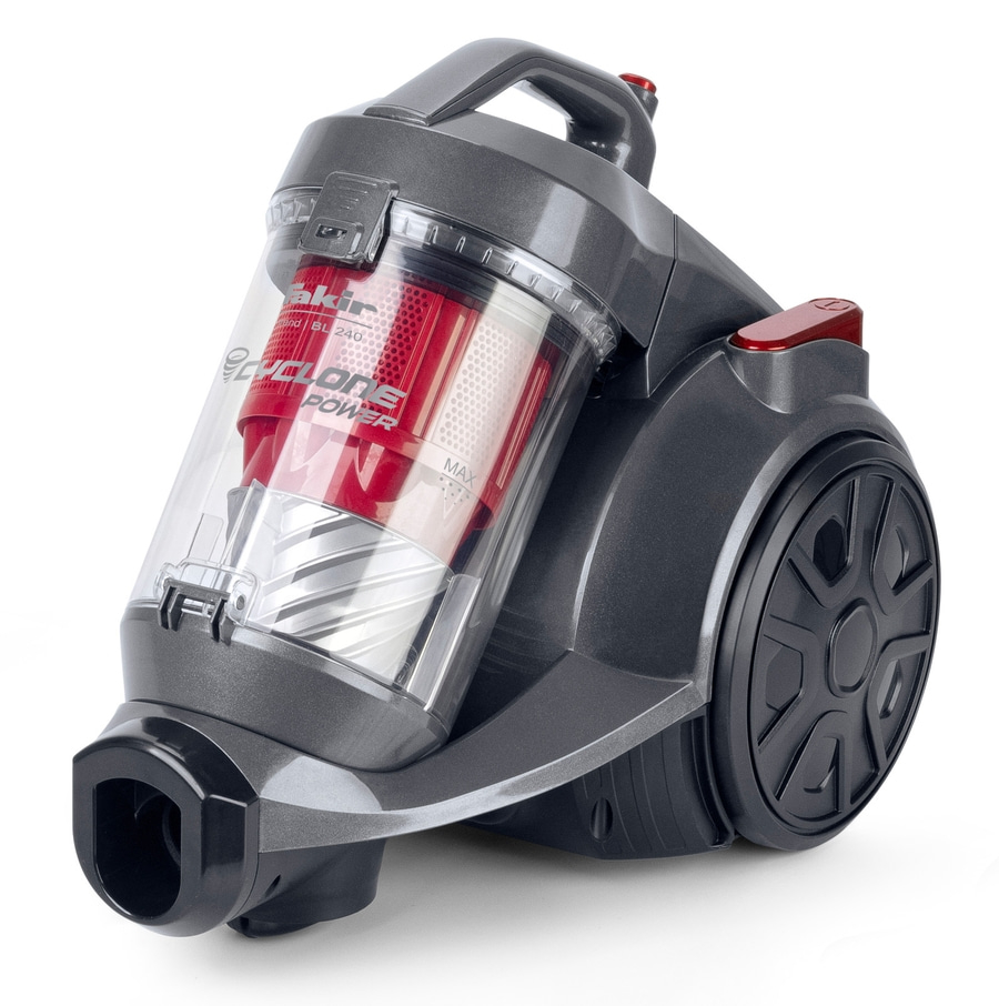 Grauer Zyklon-Staubsauger mit rotem Staubbehälter und schwarzem Rad