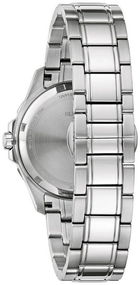 Silberne Uhr mit Metallarmband, Detailaufnahme. Wasserdicht bis 100m. Bulova-Logo.