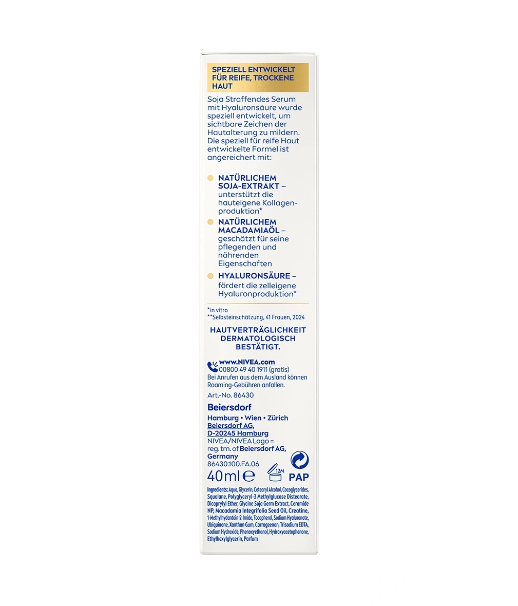 Bild eines Nivea Serums für reife Haut mit Hyaluronsäure und Macadamiaoel.