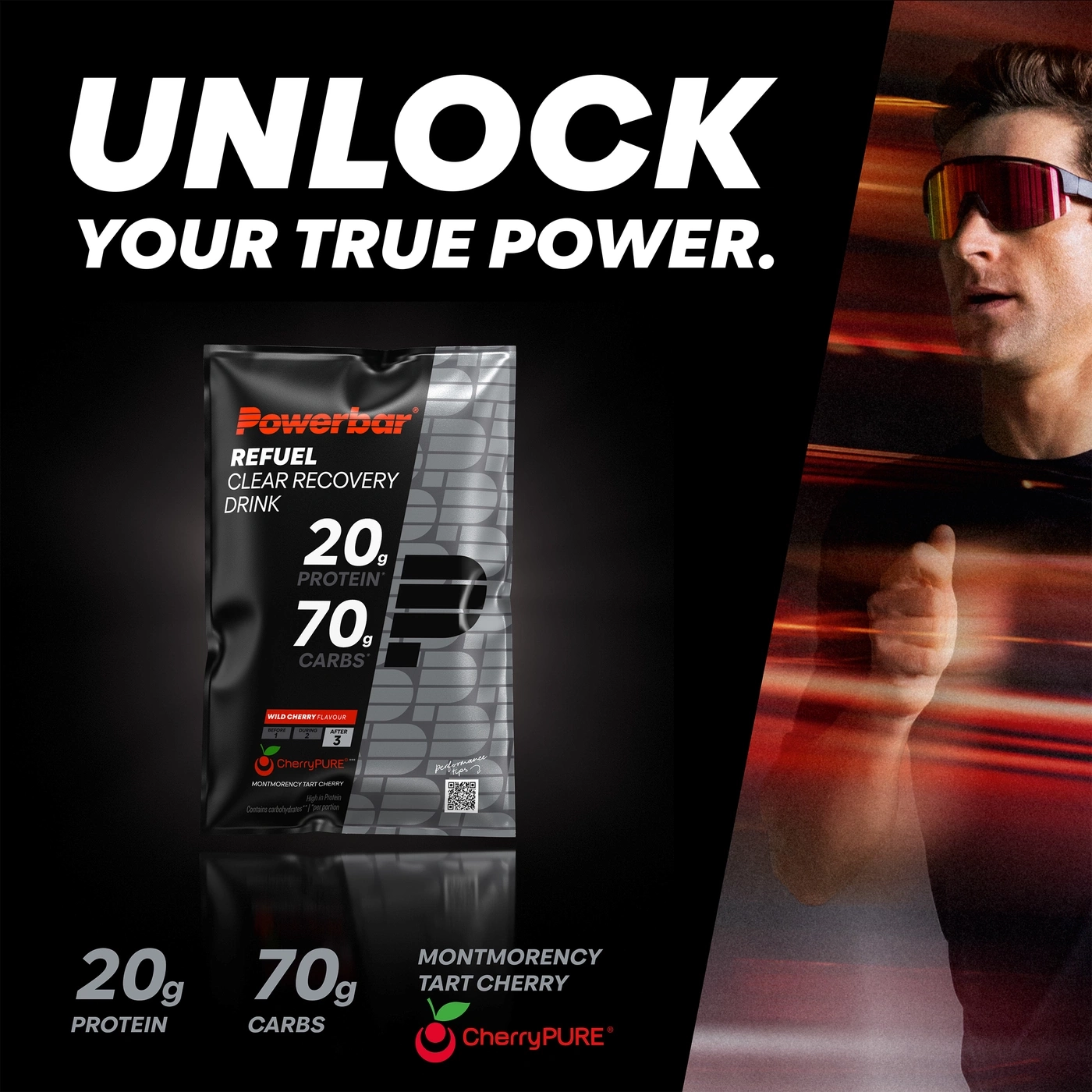 Ein Mann mit Sportbrille rennt und trinkt ein Powerbar Refuel mit Kirschgeschmack.