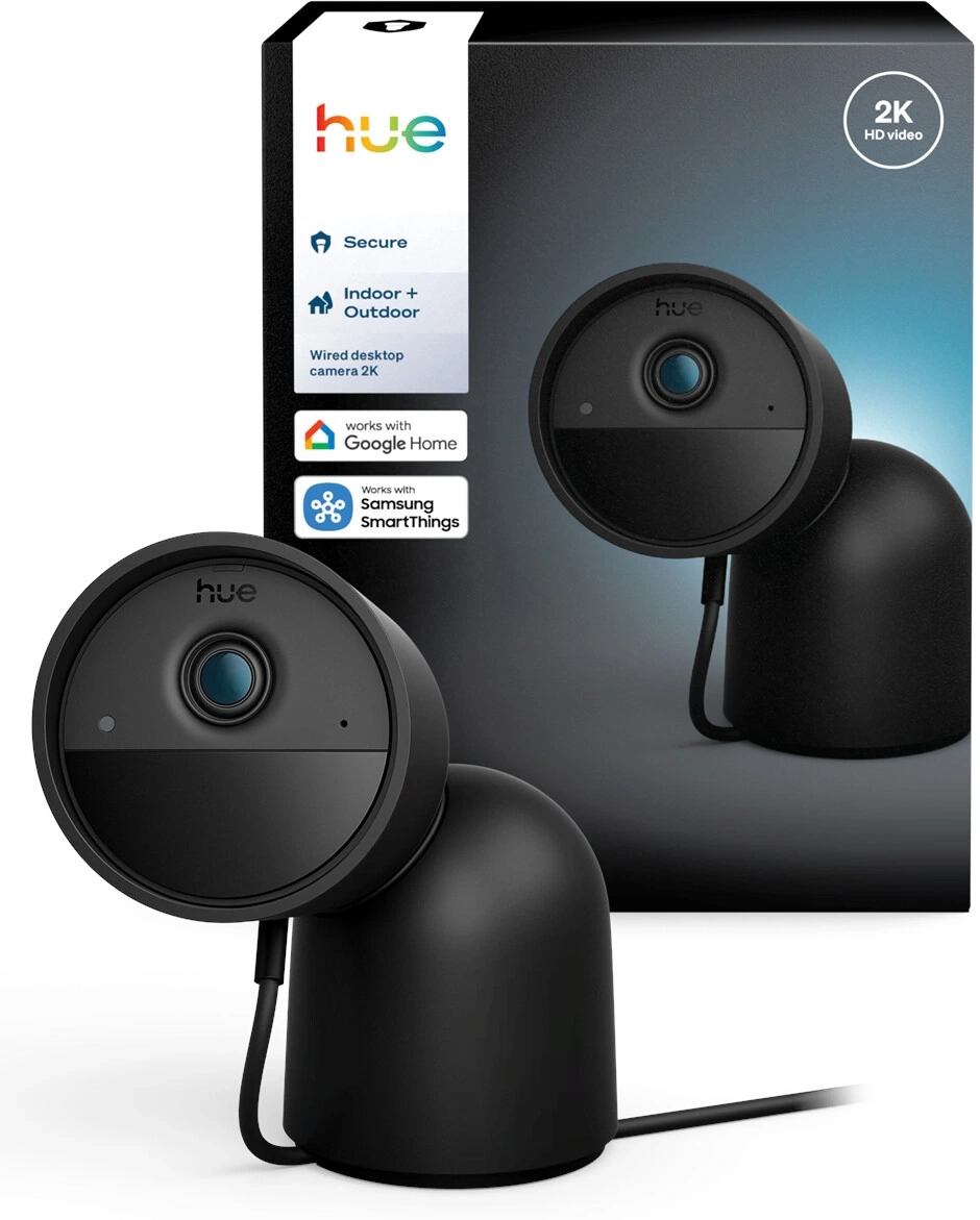 Eine schwarze Hue-Überwachungskamera mit 2K-Videoauflösung, die mit Google Home und Samsung SmartThings kompatibel ist.