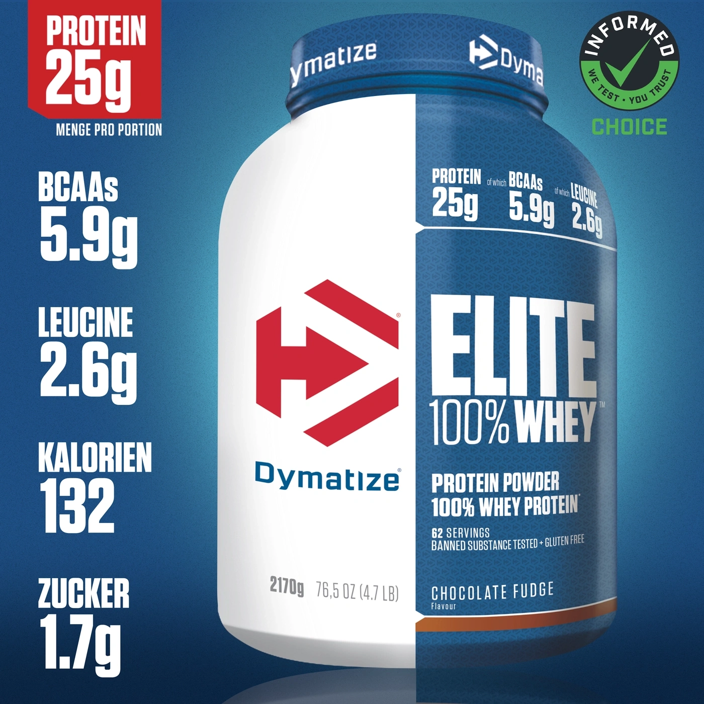 Protein-Pulver-Dose mit Nährwertangaben und Geschmacksrichtung Schokoladen-Fudge