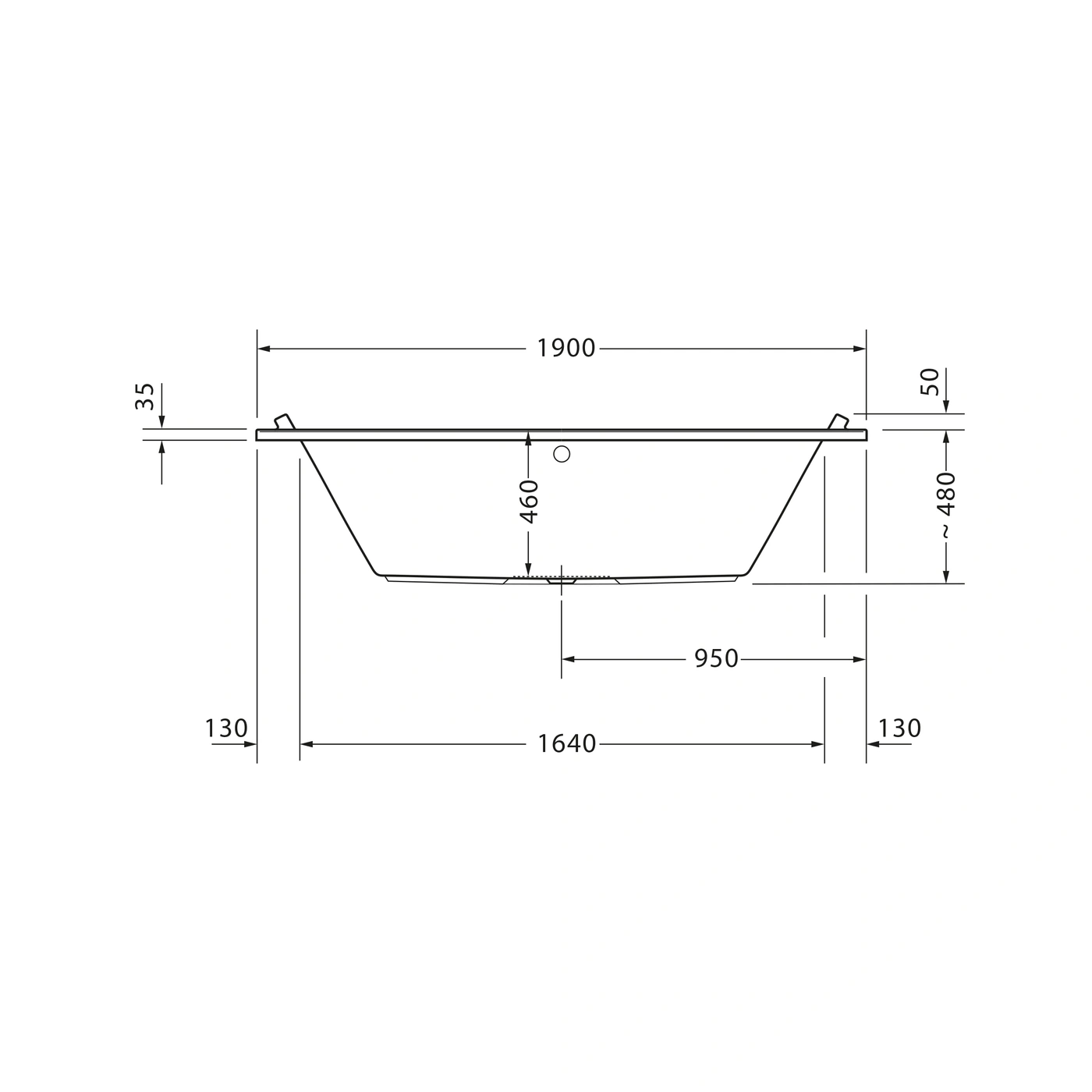 Badewanne mit Maßen: 1900mm, 1640mm, 950mm, 460mm, 480mm, 50mm, 35mm, 130mm