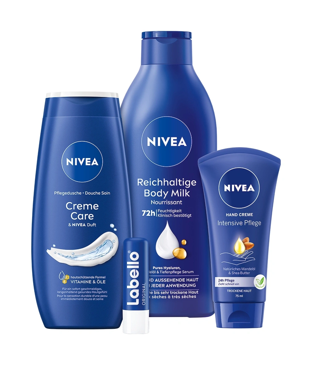 Nivea Body Milk, Creme Care Duschgel und Handcreme mit Labello