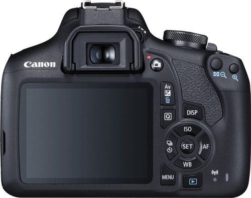 Canon Kamera Rückseite mit Knöpfen, Display und Logo. Schwarzes Gehäuse.