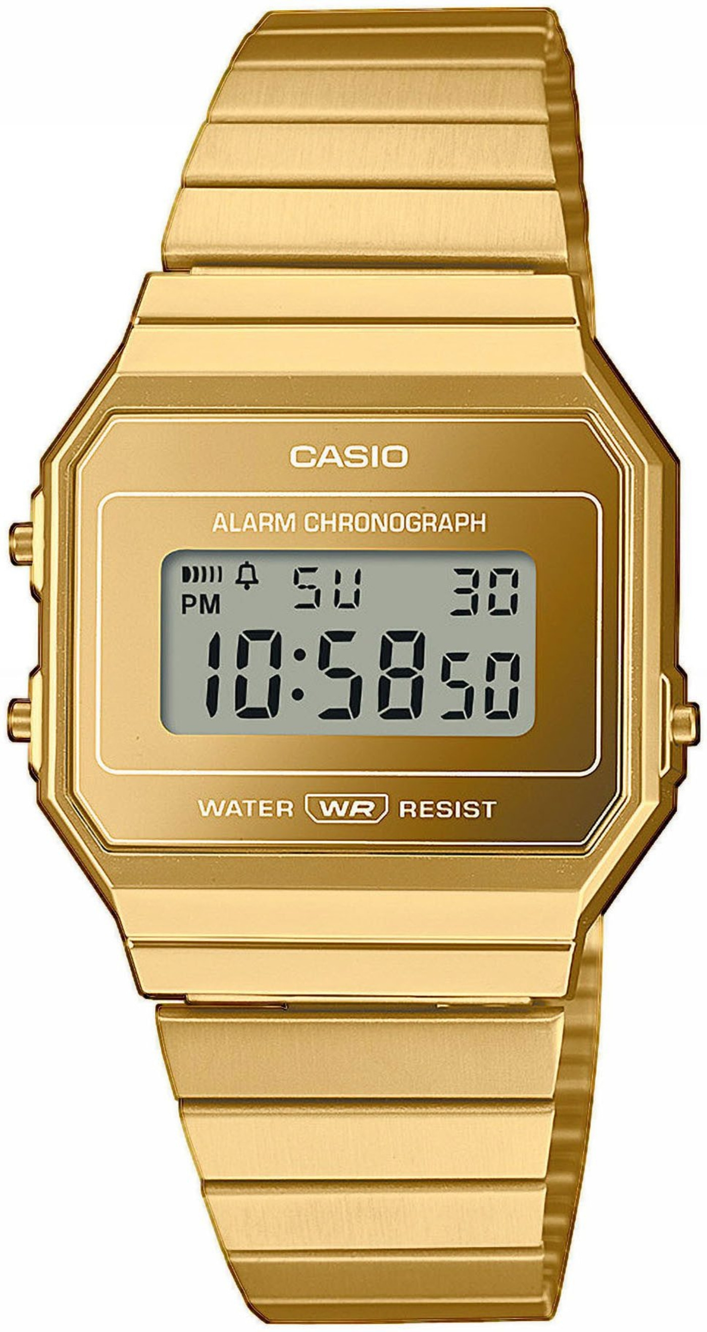 Goldene Casio Uhr, Digitalanzeige, Alarm Chronograph, rechteckiges Zifferblatt, Armband