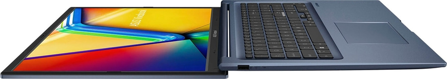 Blaues ASUS Vivobook Laptop, geöffnet, mit Tastatur und Touchpad, auf weißem Hintergrund.