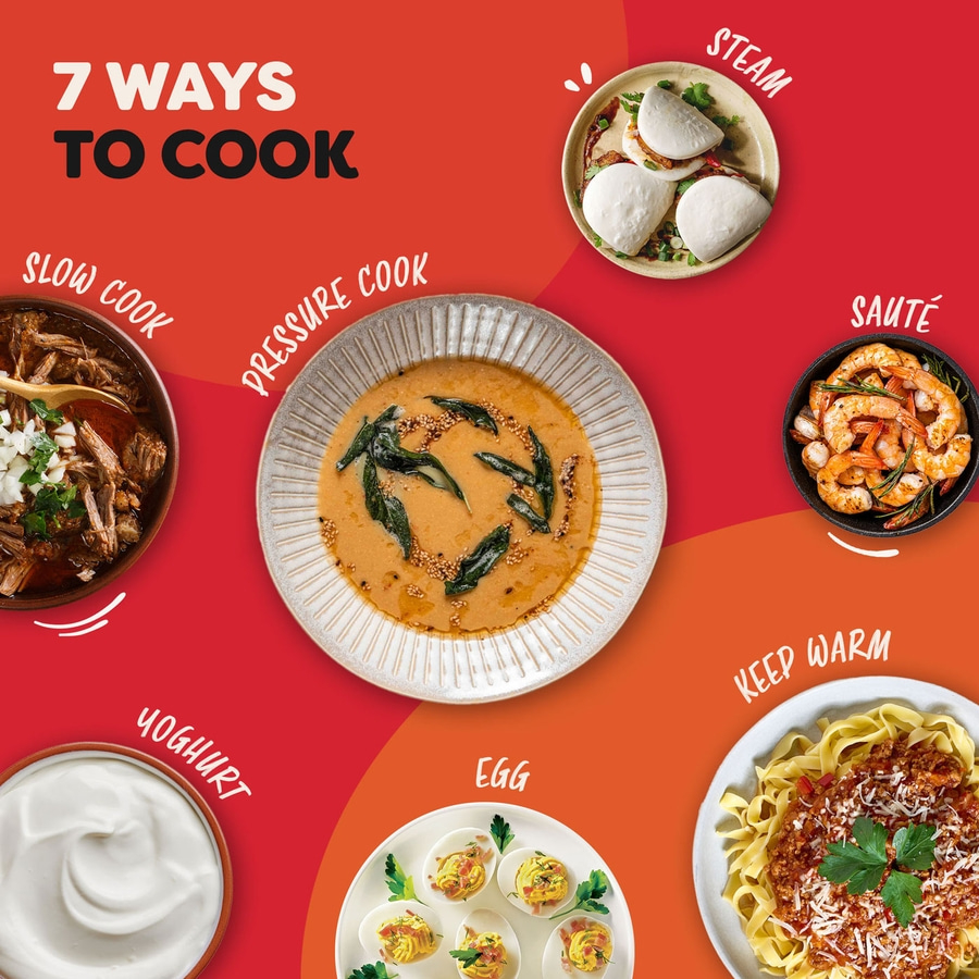 7 Arten zu kochen: Langsam, Druck, Dampf, Sautieren, Warmhalten, Joghurt, Ei.