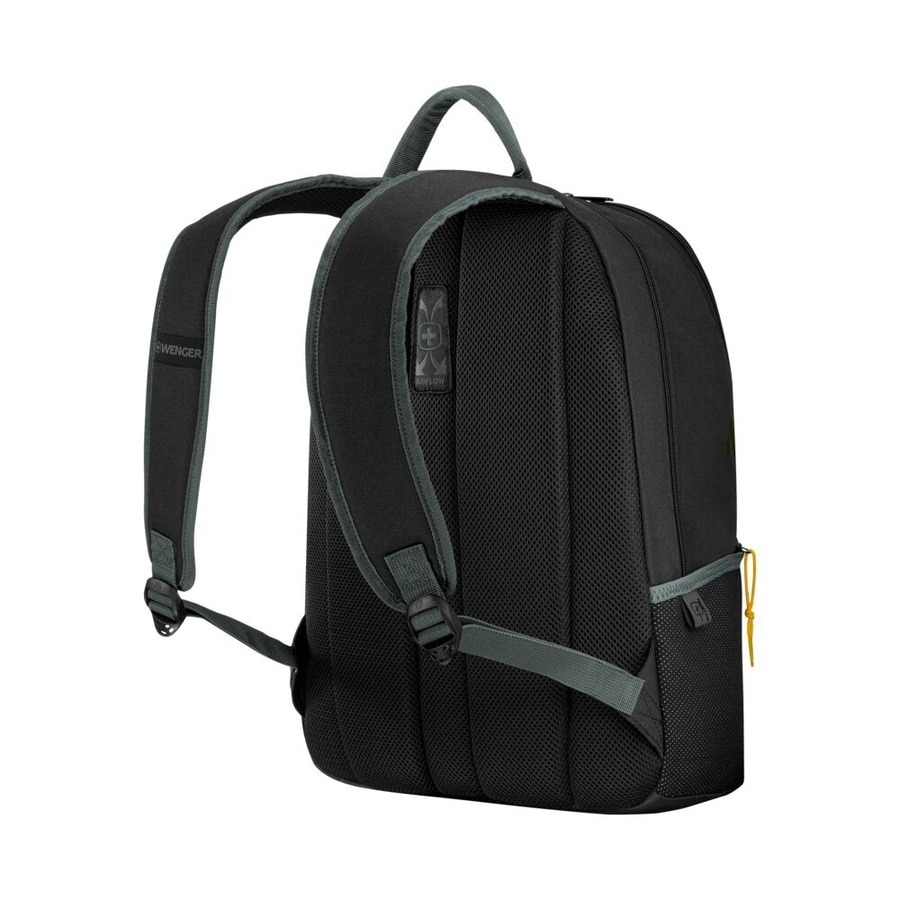 Schwarzer Rucksack mit grauen Akzenten und gelben Details, Wenger-Marke.