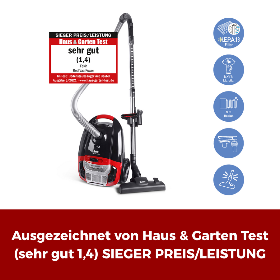 Ein roter und schwarzer Staubsauger mit der Auszeichnung "Sieger Preis/Leistung" von Haus & Garten Test.