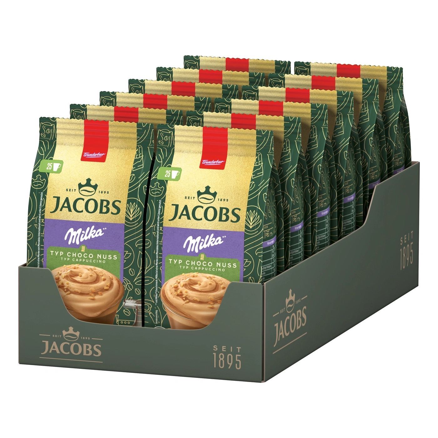 Karton mit Jacobs Milka Cappuccino Typ Choco Nuss Kaffee.