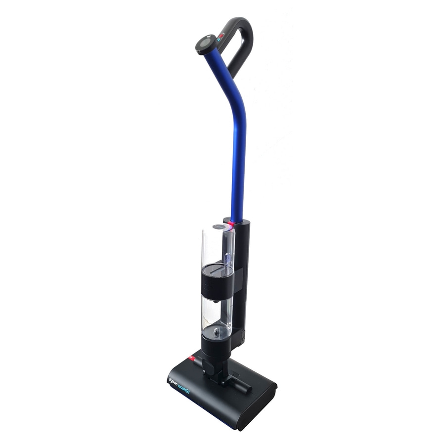 Dyson WashG1, blauer Stiel, schwarzer Griff, transparente Behälter, Bodenreiniger, weißer Hintergrund