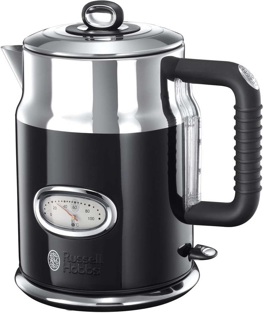 Schwarzer Wasserkocher mit Temperaturanzeige und Griff, Edelstahl-Design.