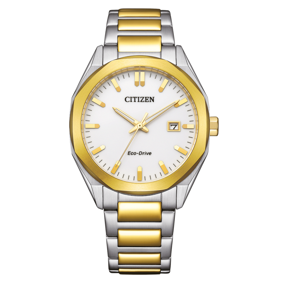 Citizen Uhr, goldfarbenes Zifferblatt, silbernes Armband, Eco-Drive, Datum