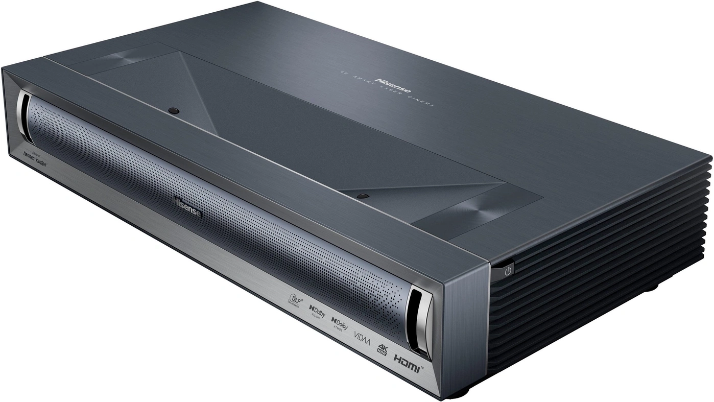 Ein dunkler Hisense 4K Laser Cinema Projektor mit Harman Kardon Sound und Dolby Vision.