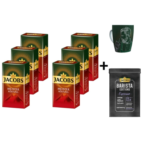 JACOBS Filterkaffee Meisterröstung 6 x 500 g Kaffee gemahlen + 1 Becher + 1 Dose
