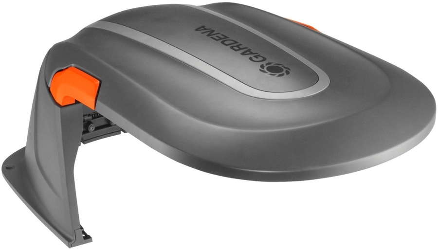 Grauer Rasenroboter mit orangefarbenen Akzenten und Gardena-Logo auf weißem Hintergrund.