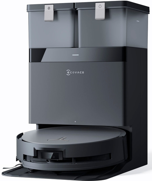 Dunkelgrauer Roboterstaubsauger mit Ladestation und ECOVACS-Logo, modernem Design.