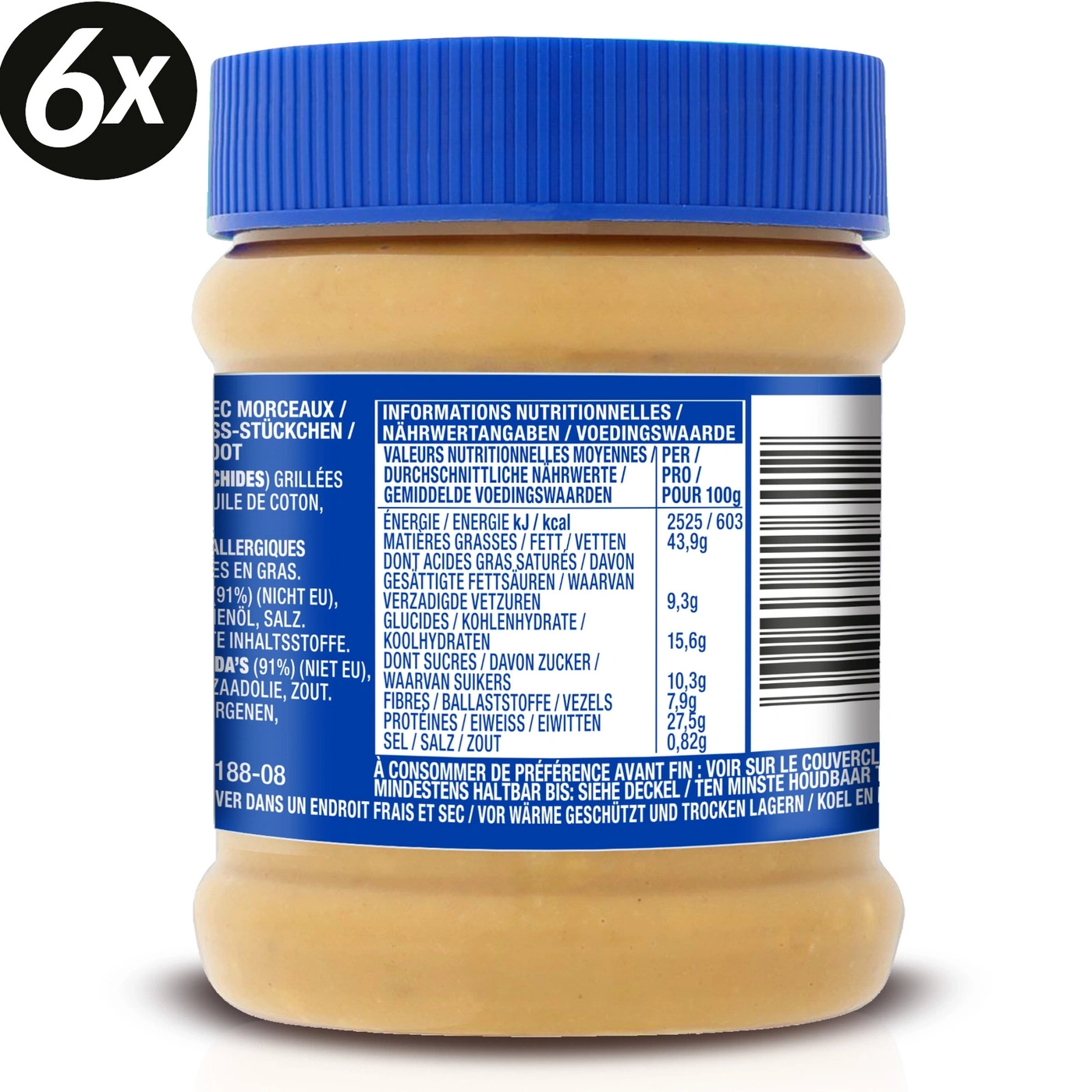 Erdnussbutter in einem Glas mit Nährwertangaben und einem "6x" Aufkleber.