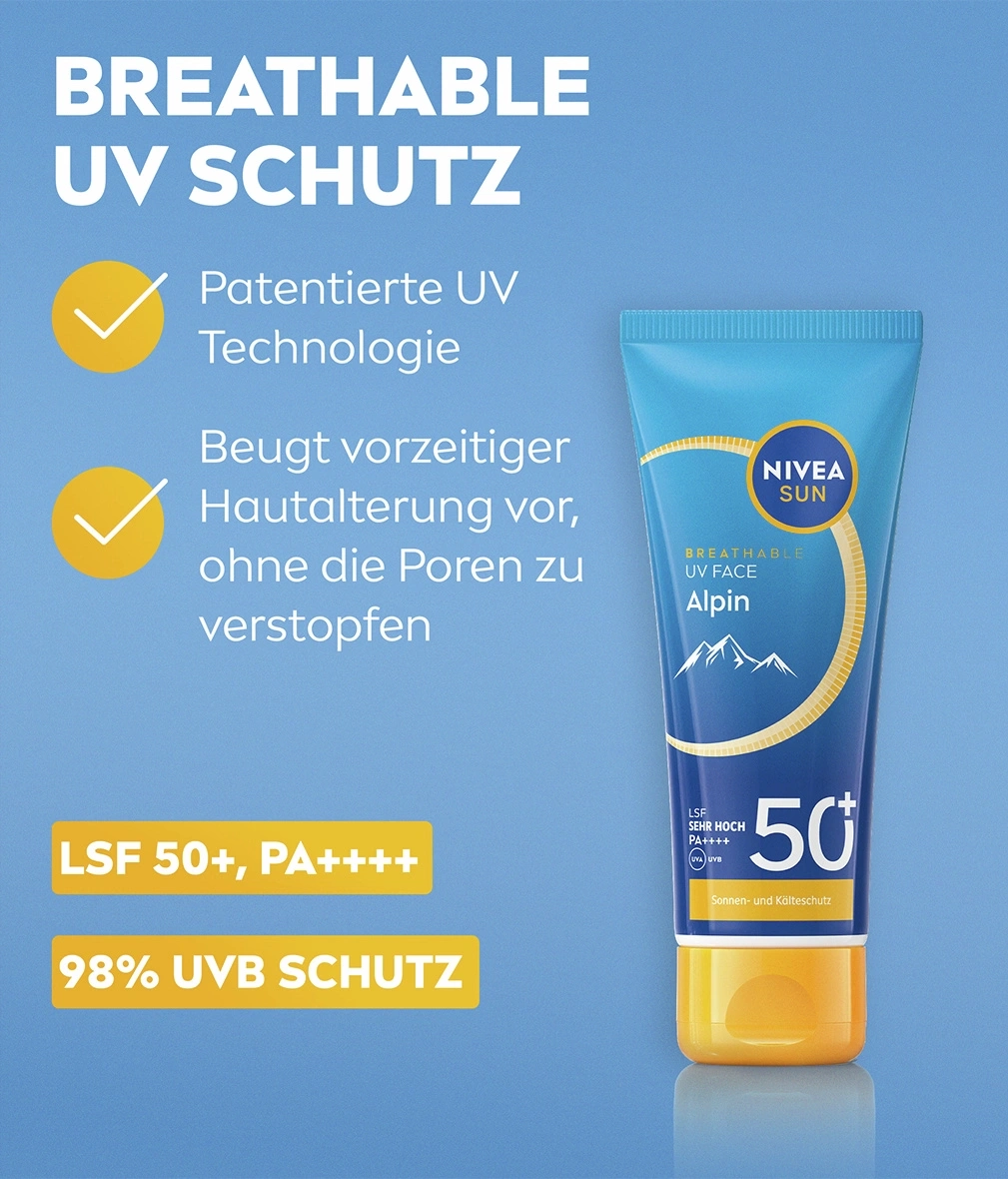 Nivea Sun Alpine Sonnenschutz für das Gesicht mit LSF 50+ und 98% UVB-Schutz.