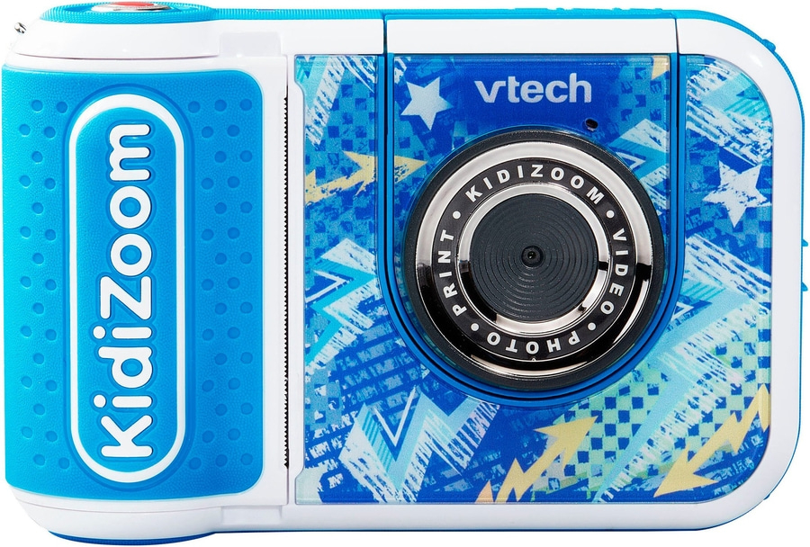 Ein VTech Kidizoom Kamera mit blauen und weißen Mustern.