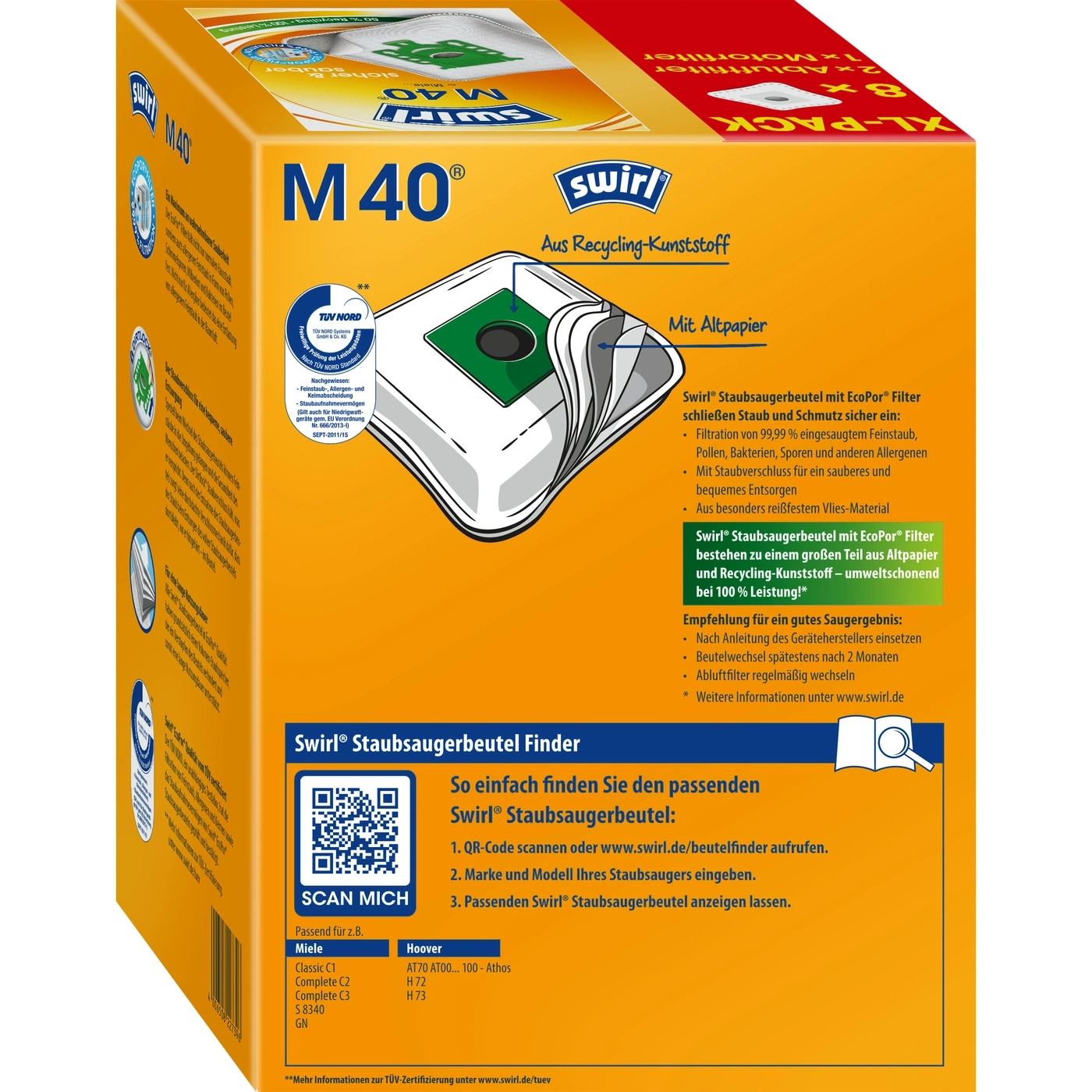 Swirl Staubsaugerbeutel M40, Verpackung mit Produktinformationen und QR-Code für den Beutelfinder.