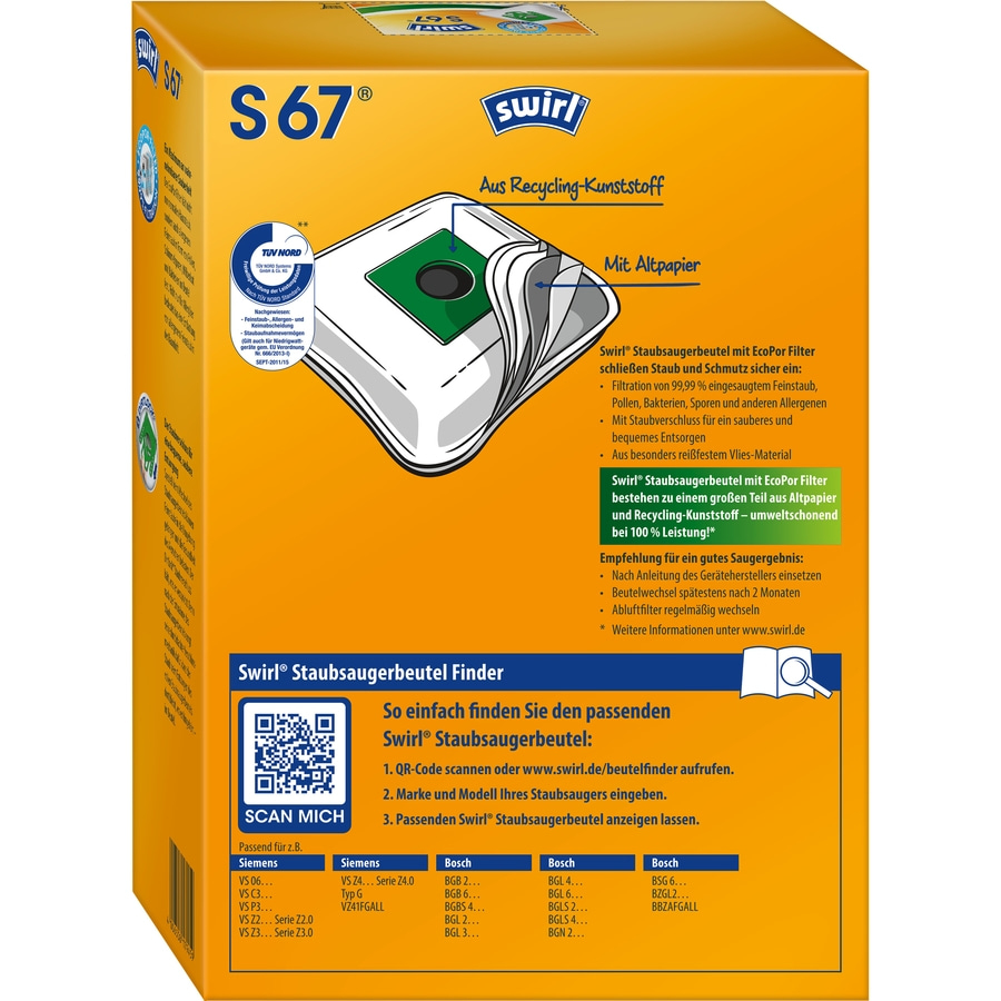 SWIRL Staubsaugerbeutel S 67 EcoPor für Siemens 3er-Pack 12 Beutel 3 Airfilter