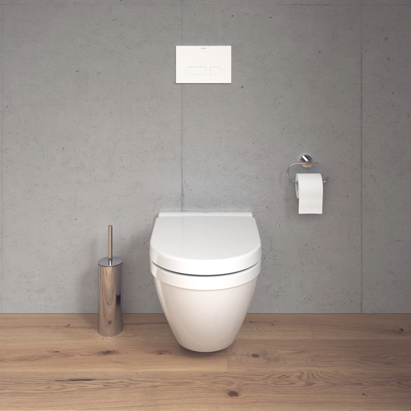 Weißes WC, Toilettenpapierhalter, Toilettenbürste, Holzboden, graue Wand, Badezimmer