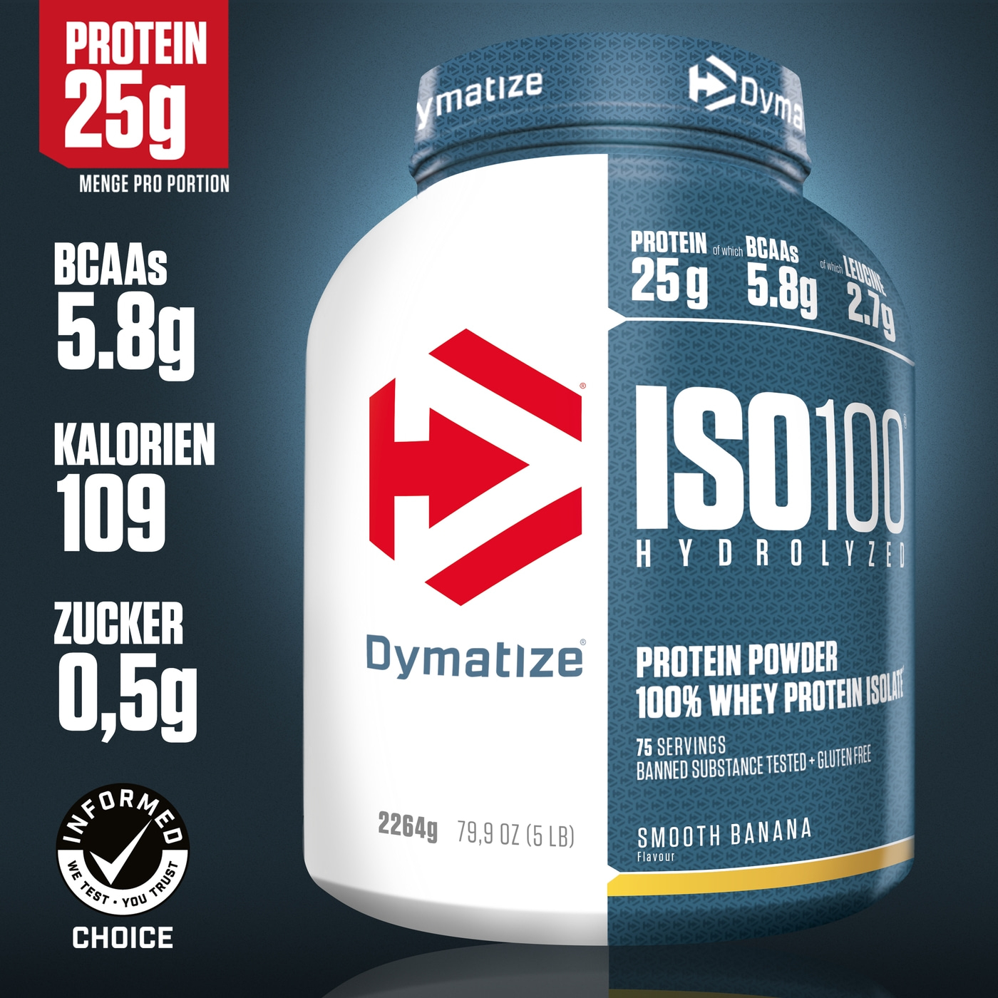Dymatize ISO100 Protein Pulver, 25g Protein, 5.8g BCAAs, 109 Kalorien, 0,5g Zucker, Smooth Banana