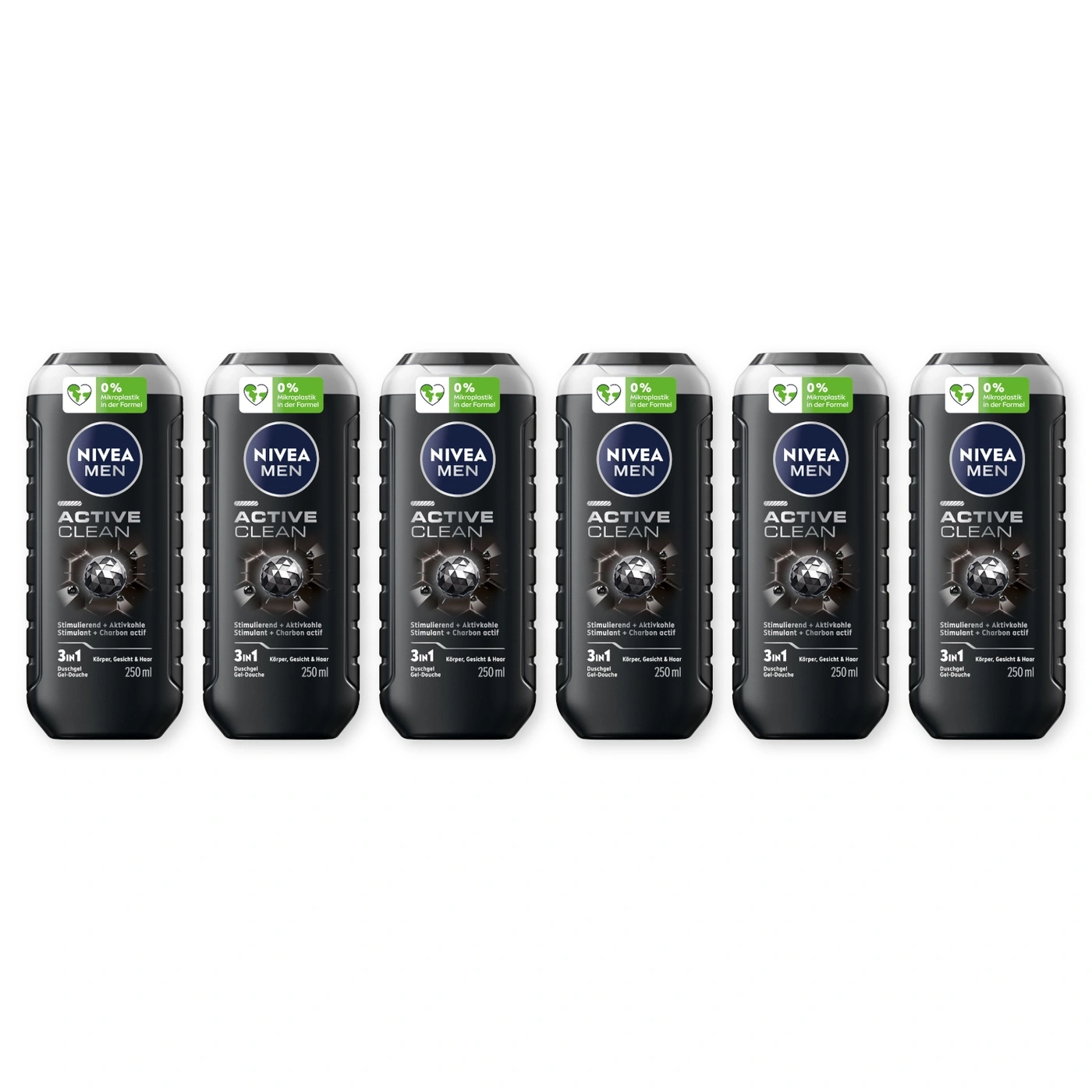 Sechs Nivea Men Active Clean Duschgel Flaschen in einer Reihe.