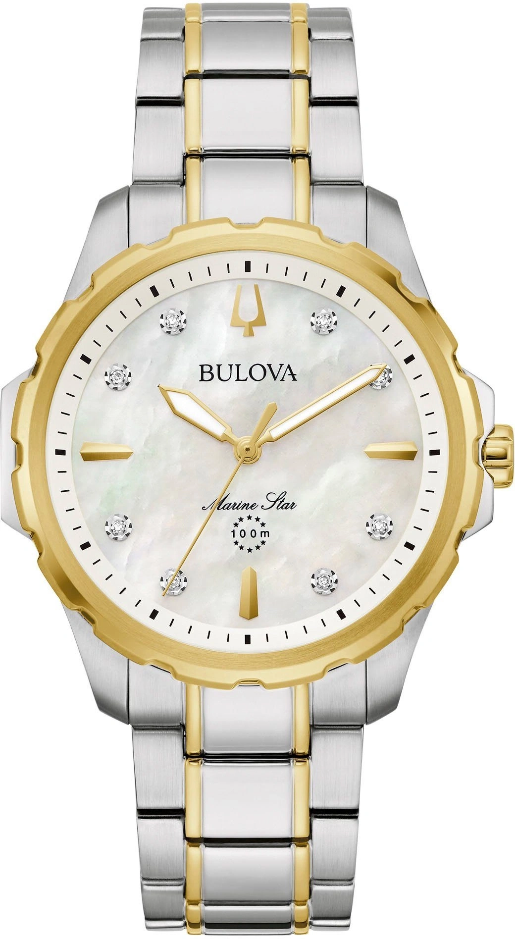 Bulova Marine Star Damenuhr, goldfarben, silberfarbenes Armband, Diamanten, Perlmuttzifferblatt