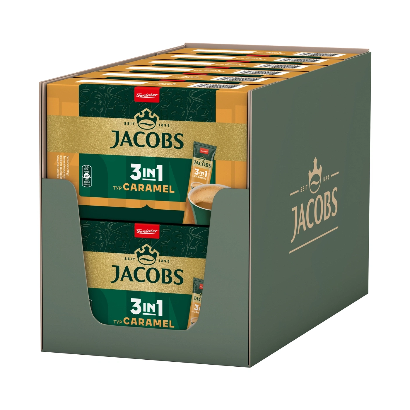 Jacobs 3in1 Caramel Kaffee, Mehrpackung in grün-goldener Umverpackung