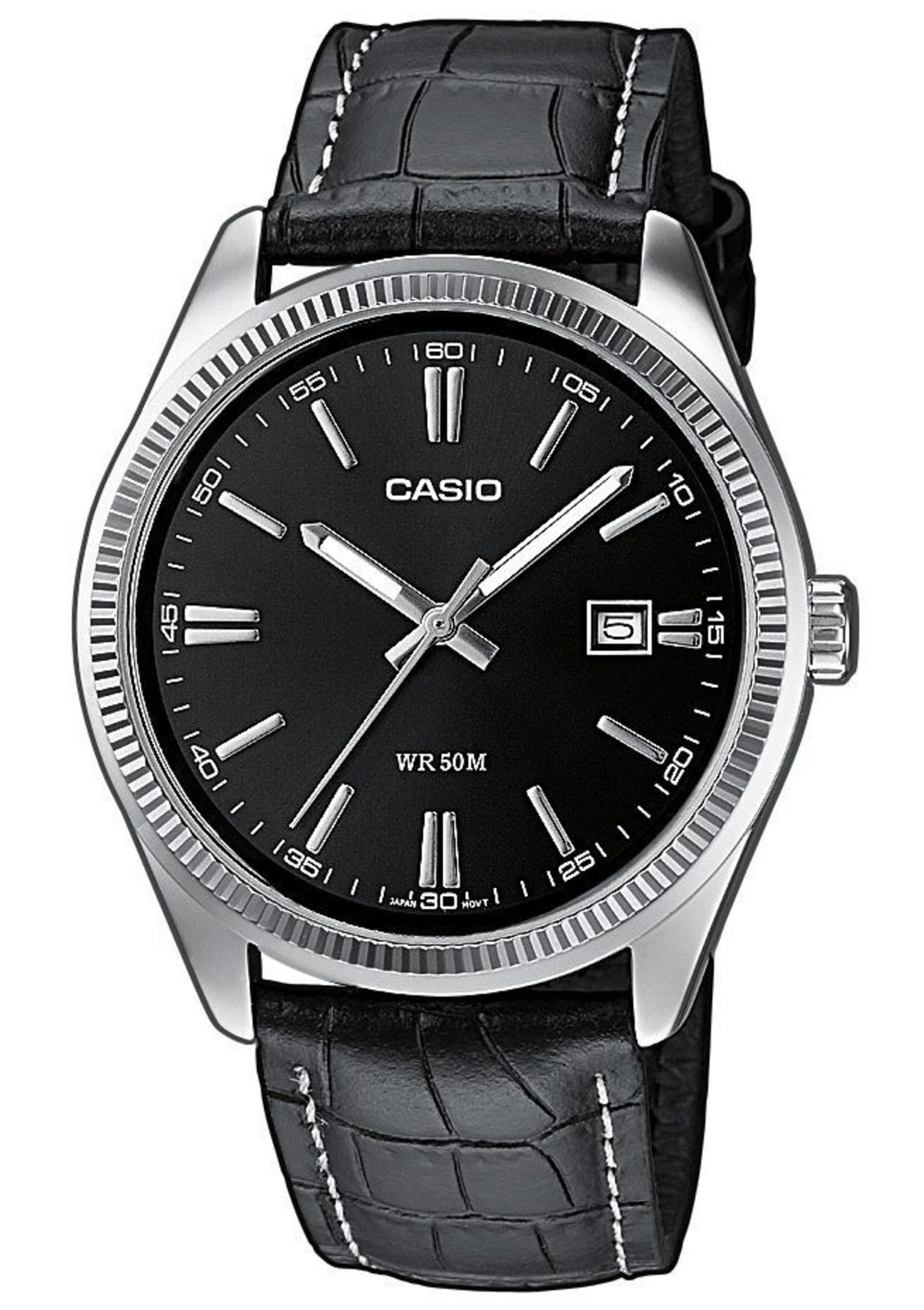 Schwarze Casio-Uhr mit Lederarmband und Datumsanzeige, WR 50M.