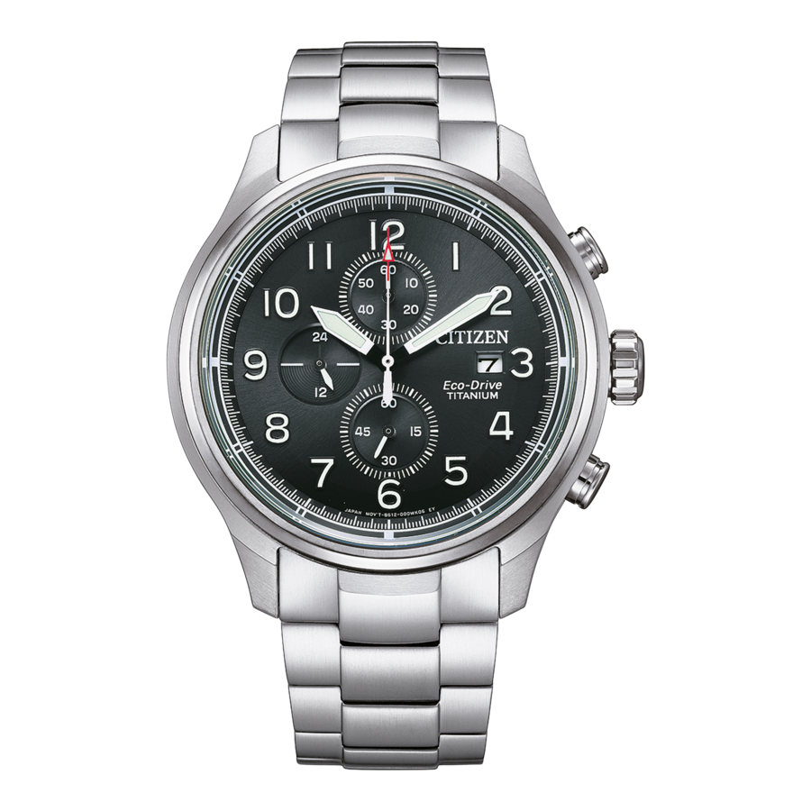 Citizen-Uhr mit schwarzem Zifferblatt, silbernem Armband und Chronographenfunktion.