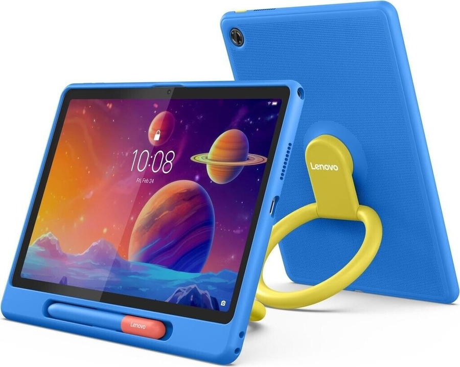 Ein blaues Lenovo-Tablet mit einem gelben Ständer und einem Eingabestift.