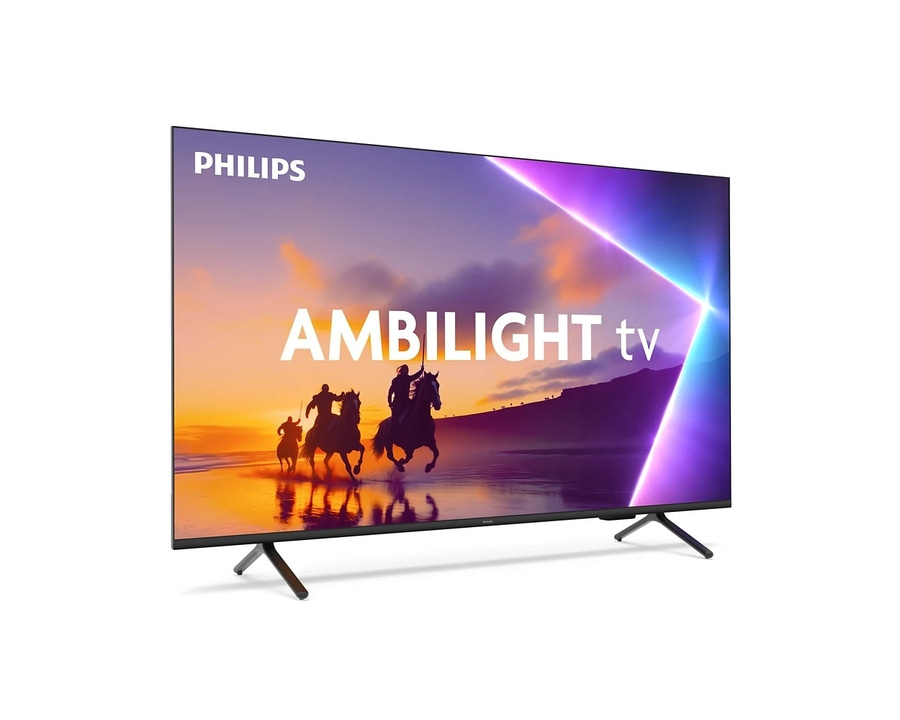 Philips Ambilight TV mit Reiter-Szene und farbenfrohem Hintergrund