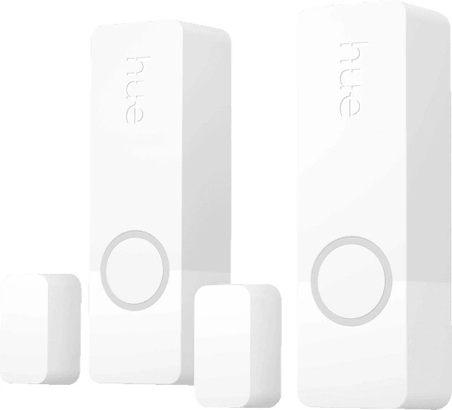 Weiße Philips Hue Leuchten mit rundem Symbol.