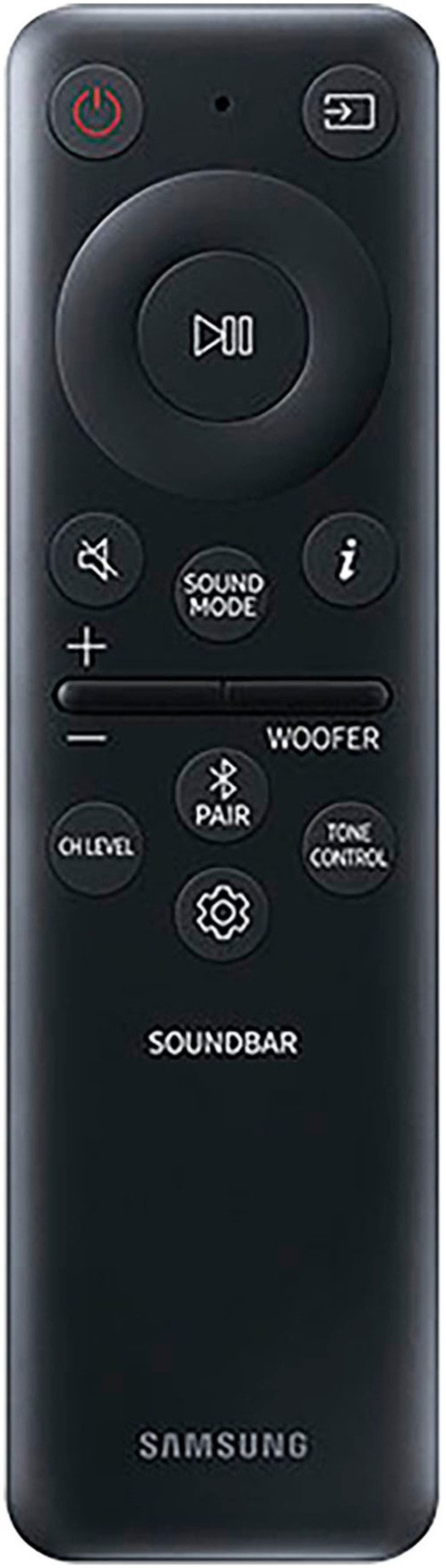 schwarze Samsung Soundbar Fernbedienung mit Play-Pause-Taste