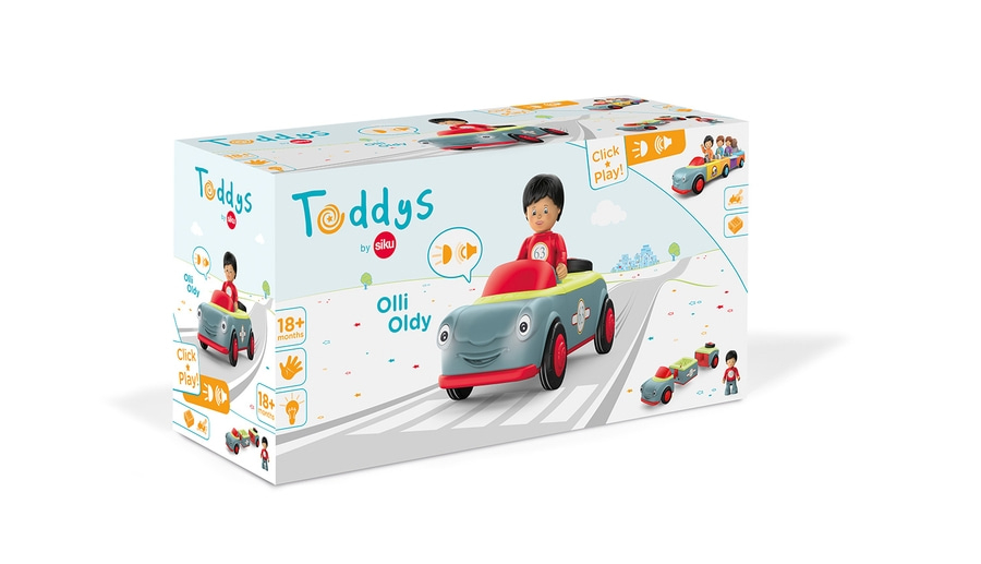 Spielzeugauto-Box mit Teddy-Figuren, Altersempfehlung 18+ Monate, Olli Oldy, Click Play!