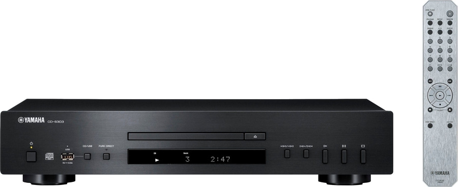 Yamaha CD-Player mit Fernbedienung, schwarzes Gerät mit Display und Bedienelementen