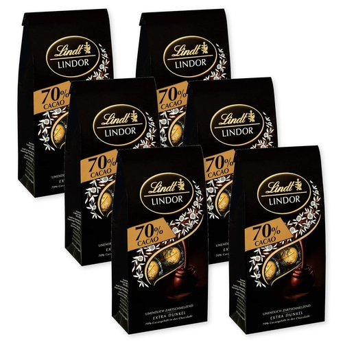 Sechs schwarze Lindt Lindor 70% Kakaotafeln im Stapel