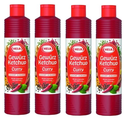 4 x Hela Ketchup Curry leicht scharf 800 ml Gewürzketchup Flasche Ketchupflasche