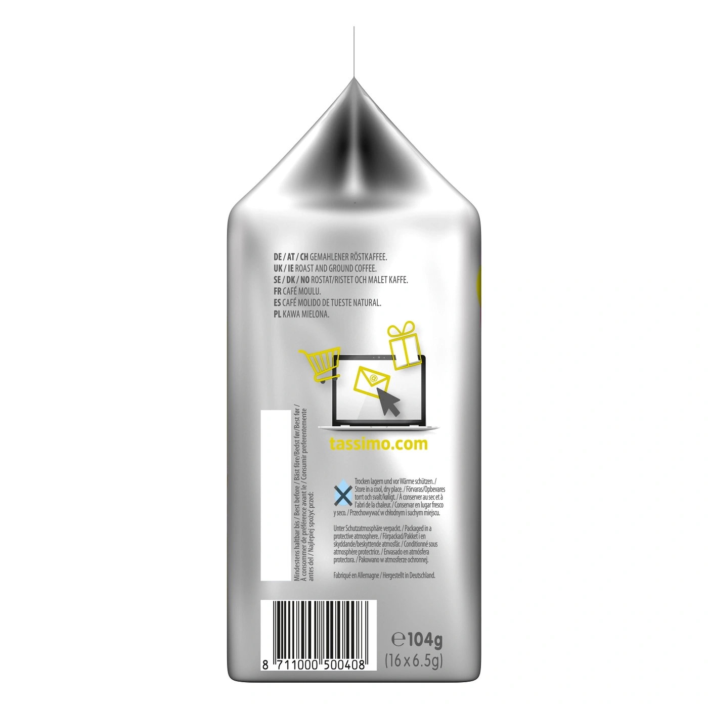 Kaffeepackung mit Text, Logo und Barcode, 104g, Tassimo, gerösteter Kaffee